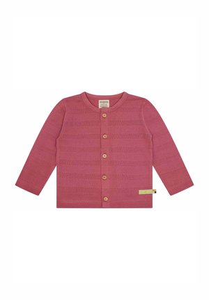 Pink knitted cardigan with long sleeves, featuring a textured design, wooden buttons, and a small label on the side.