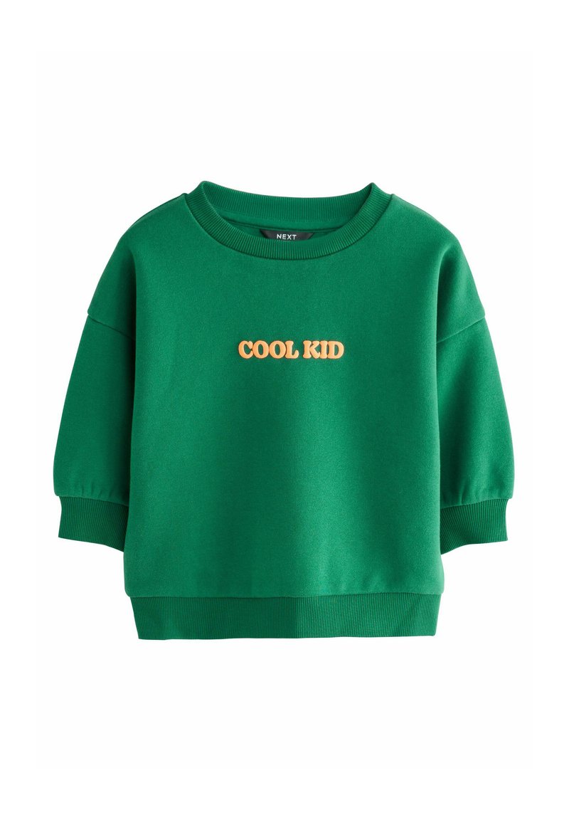 Žalias džemperis, pagamintas iš minkštos medžiagos, su apvaliu iškirpimu ir trumpomis pūkuotomis rankovėmis. Ant priekio yra oranžinė užrašas "COOL KID".