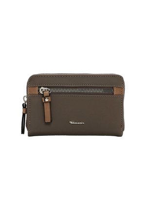 Gray wallet with brown accents, featuring a zippered compartment, smooth texture, and logo detail. Compact rectangular design.