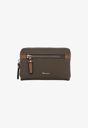 Gray wallet with brown accents, featuring a zippered compartment, smooth texture, and logo detail. Compact rectangular design.
