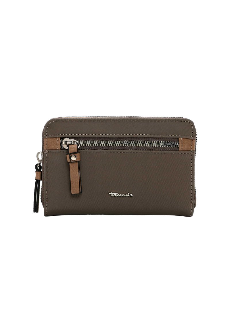 Gray wallet with brown accents, featuring a zippered compartment, smooth texture, and logo detail. Compact rectangular design.
