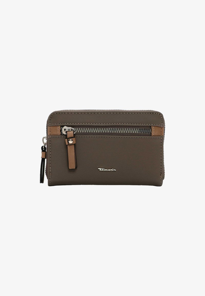 Gray wallet with brown accents, featuring a zippered compartment, smooth texture, and logo detail. Compact rectangular design.