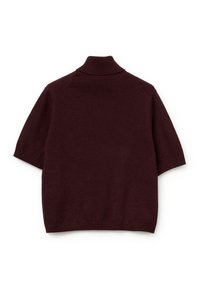 Bordeauxrot pullover mit kurzen Ärmeln und einem gerippten Rollkragen sowie passenden gerippten Bündchen und Saum, flach von hinten präsentiert.