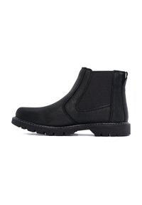 Stivali ankle neri in pelle con pannelli elastici laterali, punta arrotondata e suola in gomma robusta con battistrada testurizzato per una buona aderenza.