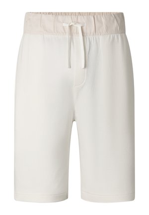 White elastic waistband shorts with beige drawstring tie, mid-length cut, and smooth fabric texture.