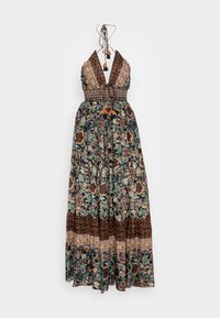 Maxi sukienka z głębokim dekoltem w kształcie V, ozdobiona kwiatowym wzorem w ciemnych i naturalnych odcieniach, z marszczonym pasem i frędzlami na ramiączkach.