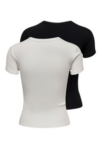 Deux t-shirts unis à manches courtes avec col rond, un blanc à l'avant et un noir derrière, présentés de dos.