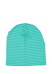 Turkoosi lätsihattu vaakasuorilla valkoisilla raidoilla, valmistettu pehmeästä kankaasta. Ominaisuuksiin kuuluu pyöreä kruunu ja saumatonta muotoilua mukavuutta varten.