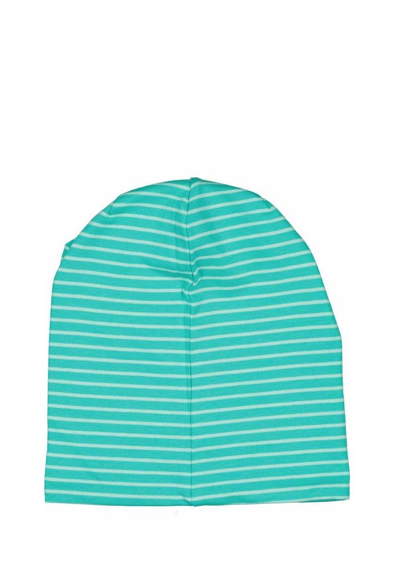 Turkoosi lätsihattu vaakasuorilla valkoisilla raidoilla, valmistettu pehmeästä kankaasta. Ominaisuuksiin kuuluu pyöreä kruunu ja saumatonta muotoilua mukavuutta varten.
