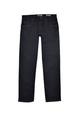 Tmavě modré džínové kalhoty s rovnýcm střihem, měděným prošíváním, pěti kapsami a knoflíkovým zapínáním. Hladká textura a bez vzoru.