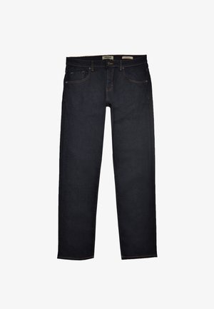 Tamno plave traperice ravnog kroja, s bakrenim šavovima, pet džepova i zakopčavanjem na gumb. Glatka tekstura i bez uzoraka.