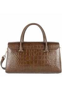 Sac à main en simili-cuir marron à motif crocodile, avec des poignées doubles et une bandoulière détachable, fabriqué dans un matériau synthétique texturé. Accents en métal doré.
