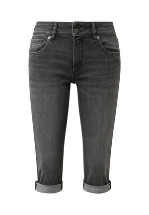 Dunkelgraue Denim-Capri-Jeans mit umgeschlagenen Bündchen, Vorder- und Münztaschen sowie doppeltem Knopfverschluss am Bund.