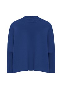 Pull oversize bleu profond avec col et poignets côtelés, présentant une texture lisse et une coupe décontractée. Vue de dos.