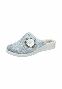 Gray, textured slip-on shoe with a white sole, featuring a decorative felt flower with a button center on the upper side.