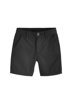 Shorts noirs longueur genou avec fermeture à boutons, passants pour ceinture et poches avant sur fond blanc.