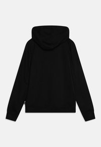 Black hoodie made of soft material, featuring a drawstring hood and ribbed cuffs. The back is plain with no visible logos or designs.