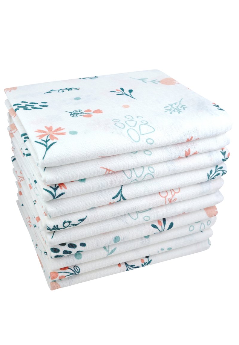 Stapeltje van acht katoenen stoffen servetten; wit met pastelbloemmotieven in roze en teal, met delicate botanische illustraties.