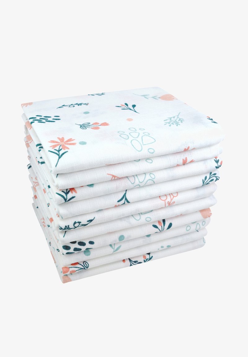 Stapeltje van acht katoenen stoffen servetten; wit met pastelbloemmotieven in roze en teal, met delicate botanische illustraties.