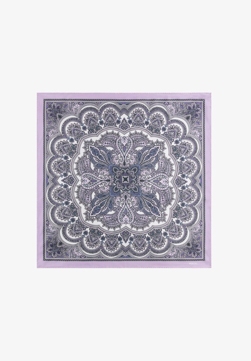 Square silk scarf featuring a paisley pattern in purple, white, and black. Edged with a lilac border, it has intricate designs throughout.