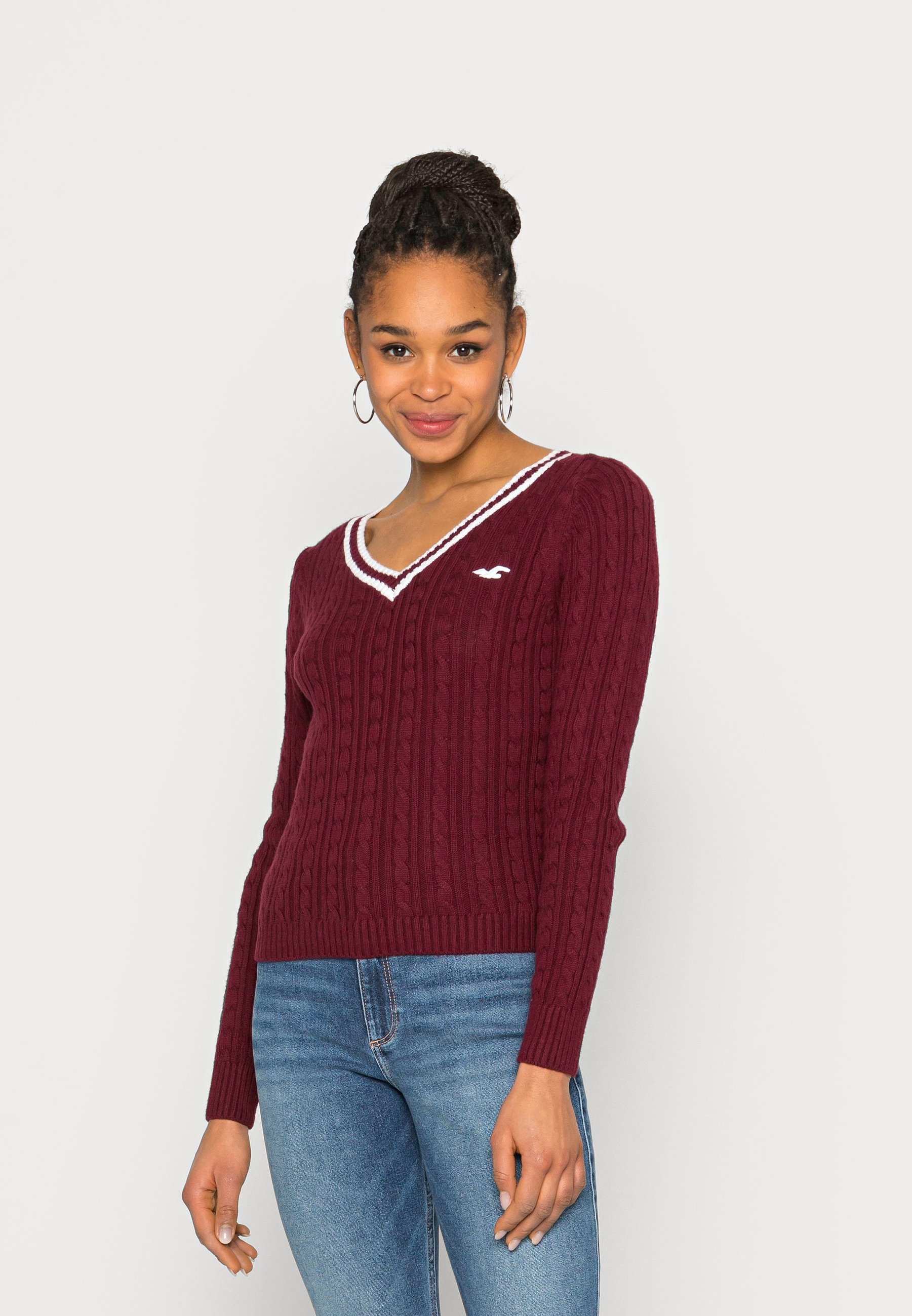 Hollister Co. ICON CABLE V NECK - Jumper - zinfandel/white tipping/dark red  - Zalando.co.uk