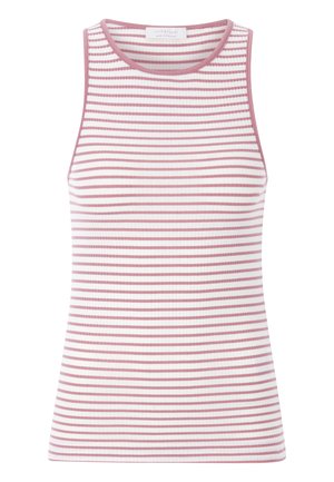Gestreifter ärmelloser Oberteil in Weiß und Hellrosa, aus geripptem Stoff mit einem runden Halsausschnitt und kontrastierenden Besätzen.