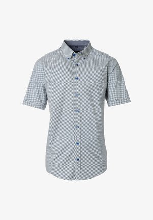 Kurzarmhemd in Hellblau mit geometrischem Muster; verfügt über blaue Knöpfe und eine Brusttasche auf der linken Seite.