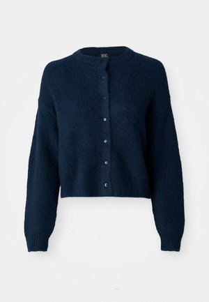 Cardigan tricoté bleu marine avec des manches longues, fermeture à boutons sur le devant, et des poignets et un ourlet côtelés.