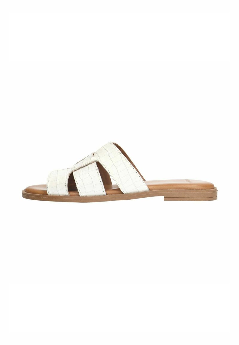 White leather slide sandal featuring three cross straps, a textured finish resembling crocodile skin, and a flat brown rubber sole.