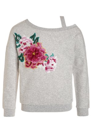 Szara bluza z dekoltem odsłaniającym ramiona, zdobiona kolorowym kwiatowym haftem w odcieniach różu, bieli i zieleni na przodzie. Miękki, teksturowany materiał.
