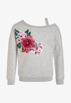 Grå sweatshirts med off-shoulder design, prydet med farverig blomsterbroderi i pink, hvid og grøn på forsiden. Blødt, tekstureret stof.