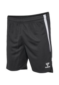 Črne športne kratke hlače z belimi navpičnimi črtami ob straneh, elastičnim pasom in hummel logotipom na sprednji spodnji levi strani noge.