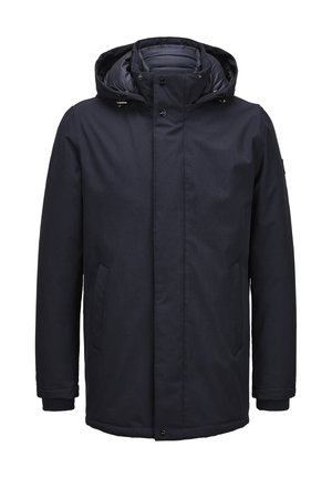 Dunkelblaue wasserdichte Herren-Winterparka mit Kapuze, Frontreißverschluss und Druckknopfverschlüssen sowie Seitentaschen.