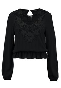 Sort bluse med lange ærmer, blonde detaljer ved halsen, flæset kant og nøglehulslukning på ryggen. Blødt, struktureret stof.