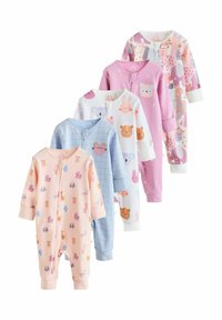 Five infant onesies displayed in pastel colors: pink, blue, and lilac, featuring animal patterns, long sleeves, and front zippers.