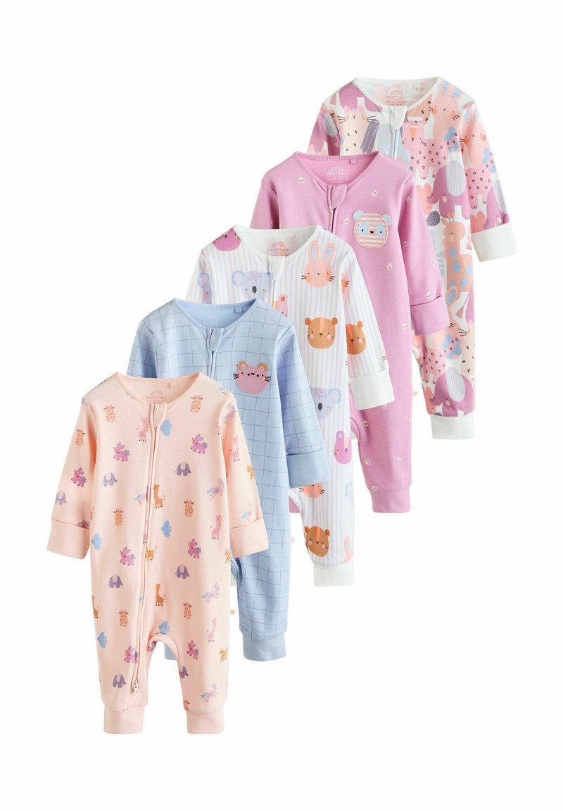 Five infant onesies displayed in pastel colors: pink, blue, and lilac, featuring animal patterns, long sleeves, and front zippers.