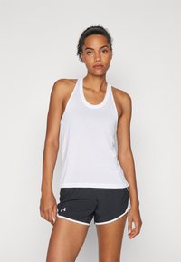 White sleeveless athletic top with a round neckline, paired with black shorts featuring white accents and logo tag at the hem.