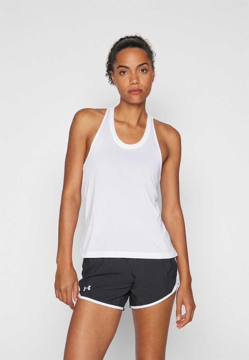 White sleeveless athletic top with a round neckline, paired with black shorts featuring white accents and logo tag at the hem.