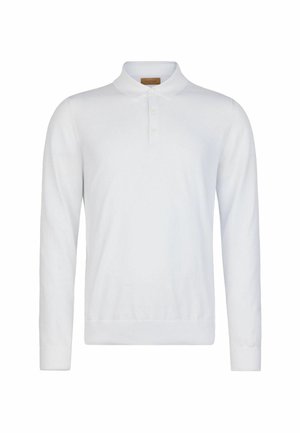 Weißer langärmeliger Polopullover mit Kragen und Drei-Knopf-Leiste, dargestellt vor einem schlichten weißen Hintergrund.