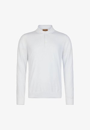 Weißer langärmeliger Polopullover mit Kragen und Drei-Knopf-Leiste, dargestellt vor einem schlichten weißen Hintergrund.