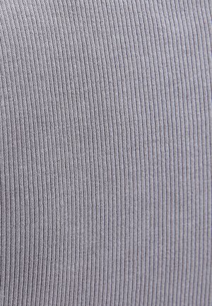 Ribbed knit fabric in light gray, featuring vertical lines and a soft texture. The material appears stretchy and form-fitting.