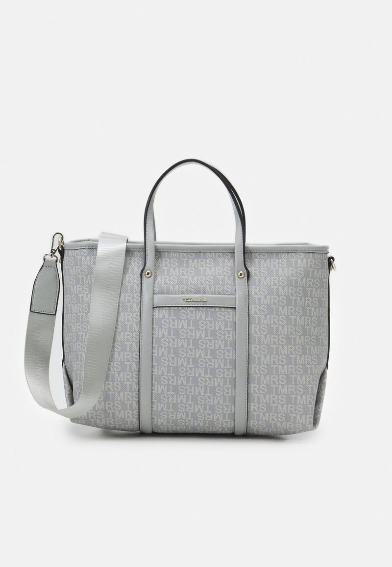 Gray tote bag featuring a repeating logo pattern, structured shape, dual top handles, and an adjustable shoulder strap. Smooth texture.