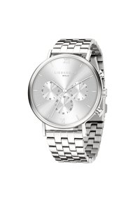 Silberne Metall-Armbanduhr mit einem runden Zifferblatt, drei Unterzifferblättern und römischen Ziffern. Verfügt über ein poliertes Armband und ein minimalistisches Design.