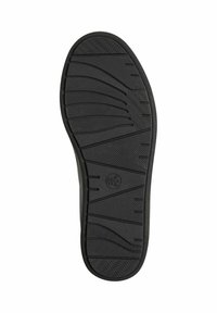 Semelle de chaussure en caoutchouc noir avec des motifs de grip texturés et des designs en vagues, présentant un détail de logo circulaire, des bords lisses et un profil uniforme.