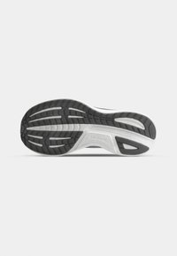 Semelle de chaussure de course noire et grise avec motif de sculpture texturé, semelle intermédiaire blanche et détail de marque subtil. Matériau en caoutchouc durable.
