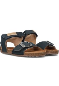 Zwarte lederen sandalen met een verstelbare gesp, kurken binnenzool en open teenontwerp. Gestructureerde bovenkant met een zachte binnenkant. Rubberen zool.