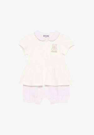 Witte baby romper met korte mouwen en een roze gestreepte peplum, voorzien van een teddybeerafbeelding, knoopsluiting en een gegolfde kraag.