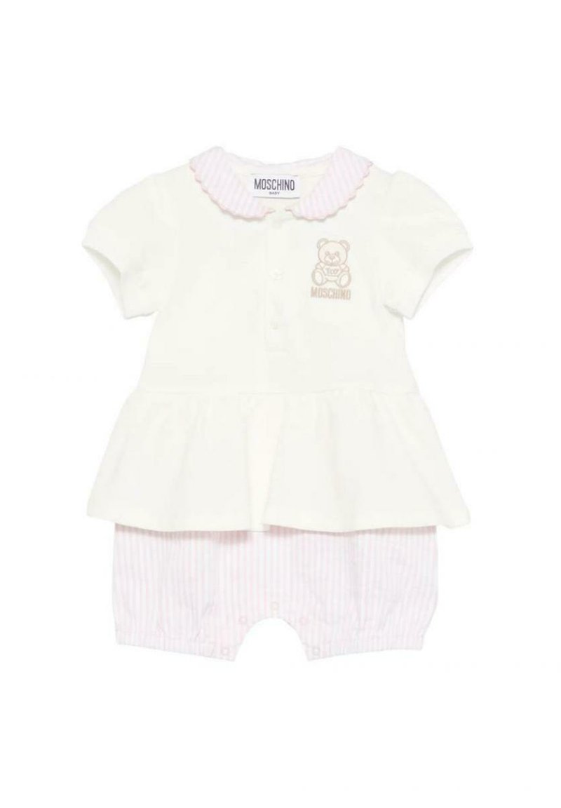 Romper bianco a maniche corte per neonati con peplum a righe rosa, caratterizzato da una grafica di un orsetto, chiusura a bottoni e colletto scallop.