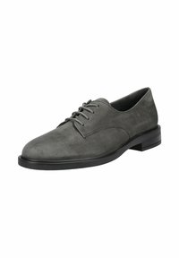 Chaussure Oxford en cuir gris foncé à lacets, talon bas et bout arrondi, inclinée pour montrer le côté extérieur et la semelle.