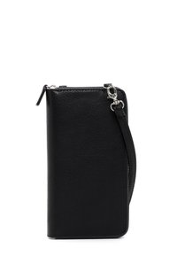 Juodas odinis piniginė su tekstūruotu paviršiumi, užtrauktuku uždarymas ir nuimamas riešo dirželis. Turi sidabro spalvos detales ir stačiakampio formą.